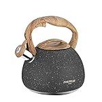 POLIVIAR Tea Kettle, 2.7 Quart Natural Stone Finish with Wood Pattern Handle Loud Whistle Food Grade Stainless Steel Teapot, Anti-Hot Handle and Anti-Rust, Suitable for All Heat Sources (JX2018-GR20)