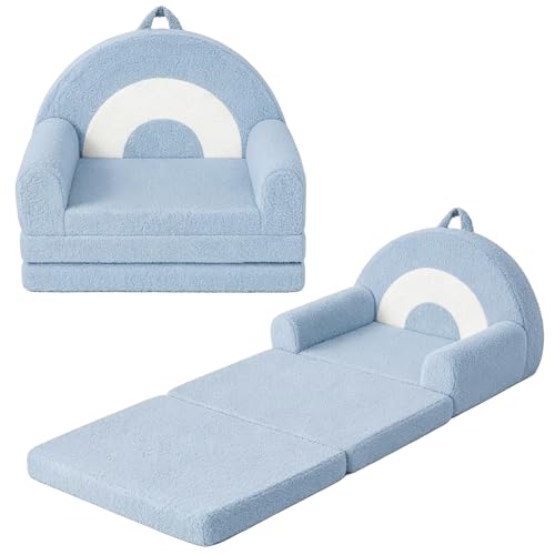TeenyLandy Rainbow Kids Couch, 2-in-1 Fold Out Toddler Couch Sofa, Soft Fleece Kids Chair, Convertible Sofa to Lounger for Girls Boys Bedroom, Playroom, Reading Nook, Blue