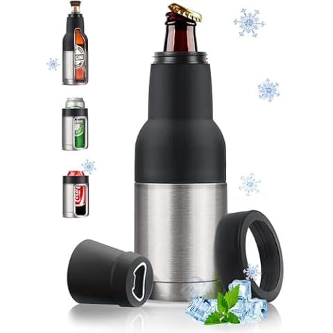 Stepstall Beer Bottle and Can Cooler with Beer Opener, 12 oz. Slim Can Beer Bottle Insulators Holder, Vacuum Insulated Double Walled Stainless Steel, Silver Cover