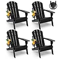 GREENVINES Folding-Adirondack-Chairs-Set-of-4 | HDPE Plastic | Fire Pit Chair | All Weather | Cup Holder | Black | for Deck Backyard Patio Outdoor Garden