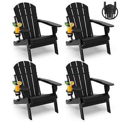 GREENVINES Folding-Adirondack-Chairs-Set-of-4 | HDPE Plastic | Fire Pit Chair | All Weather | Cup Holder | Black | for Deck Backyard Patio Outdoor Garden