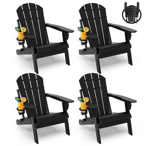 GREENVINES Folding-Adirondack-Chairs-Set-of-4 | HDPE Plastic | Fire Pit Chair | All Weather | Cup Holder | Black | for Deck Backyard Patio Outdoor Garden
