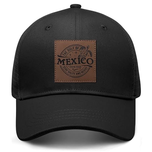 Gulf of Mexico Established 1550 Hat Sea Turtle Lover Gifts Trucker Leather Patch Adjustable Mesh Caps for Men Women 6 Panel Baseball Cap with Snapback Enclosure Black