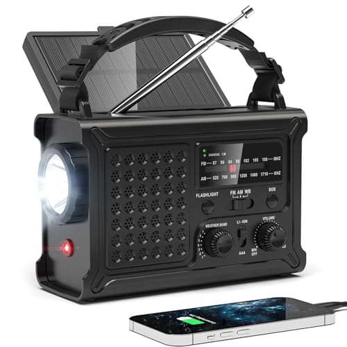 NOAA Emergency Weather Radio-12000mAh/44400mWh Radio Portable AM/FM with Solar/Hand Crank/USB Rechargeable Battery/SOS Alarm for Indoor/Outdoor Emergencies