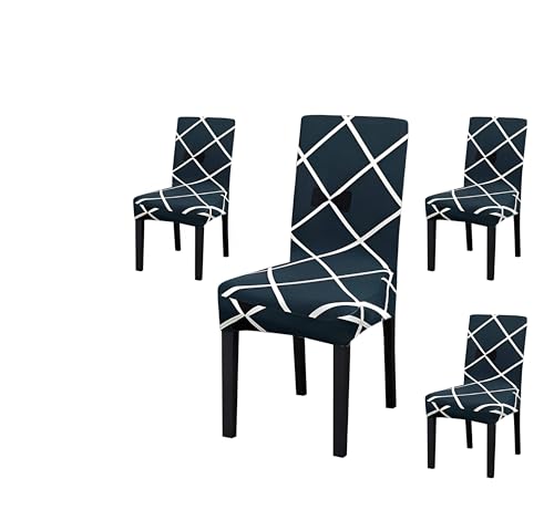 Image of Dining Chair Covers Set of 4, Stretchable Removable Washable Anti-Slip Universal Fit Printed Polyester Spandex Slipcovers (Blue Square)