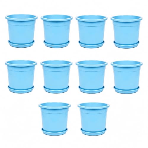 Image of 12 Inch Glossy Plastic Planter with Bottom Plate | Heavy Duty Flower Pot with Tray for Indoor Home Decor, Balcony, Living Room & Outdoor Garden (10 Pot, Ocean Blue)