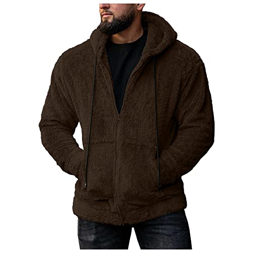 Chaqueta de forro polar de doble cara para hombre con capucha y cremallera, chaqueta con bolsillos, color sólido, manga larga, ropa exterior, suave, mullida, cómoda, chaqueta cálida para exteriores,
