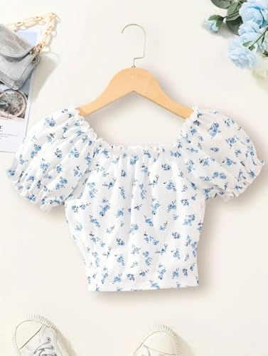 Girls' Puff Sleeve Crop Top for Little Girls - Floral/White2