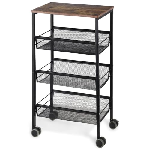 LIANTRAL 4-Tier Storage Trolley, Kitchen Storage Wagon with Lockable Wheels, Metal Mesh Pantry Cart, Wood Look Top and Metal Frame