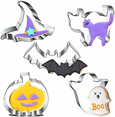 Halloween Cookie Cutters Set- 5 Pieces Stainless Steel Baking Cutter Molds Pumpkin, Ghost, Witch's Hat, Bat, Cat Cookie Cutters Holiday Decorative Party Supplies