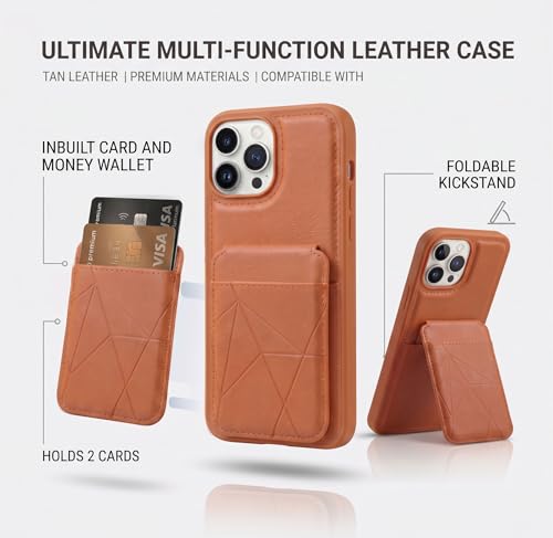 Image of amazon basics Premium Vegan Leather Back Cover with Card Holder and Integrated Mobile Stand for iPhone 15 Pro Max - Slim Shockproof Wallet Case with Geometric Stitching [Tan]