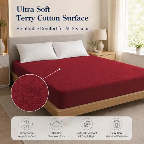 Image of Lukzer Waterproof Mattress Protector Maroon King Size 78 x 72 Inches (6.5 x 6 ft) Ultra Soft Terry Cotton Feel Fabric with Elastic Skirting Hypoallergenic and Breathable Mattress Cover