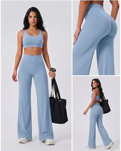 Image of Coume 2 Pack Women Workout Leggings Straight Wide Leg No Front Seam Yoga Gym Pants High Waist Buttery Soft Stretch Leggings