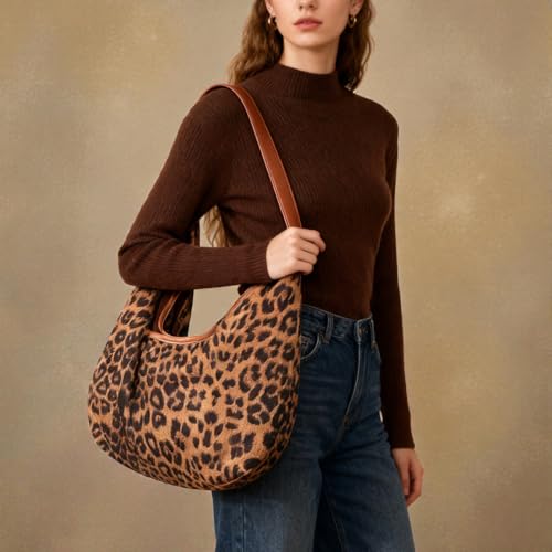 Bolso Tote con estampado de leopardo para mujer con correa de cuero, bolso tote de ante sintético suave, grande, con botón, bolso hobo de moda plegable para viaje, trabajo y uso diario | Correa de cuero miniatura 2