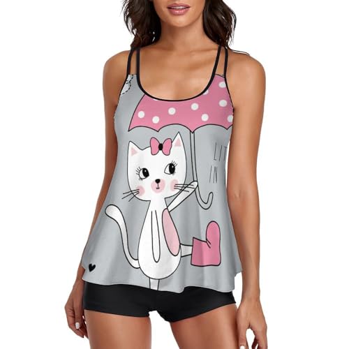 Tankini femme maillot de bain bikini imprimé chat avec short de garçon