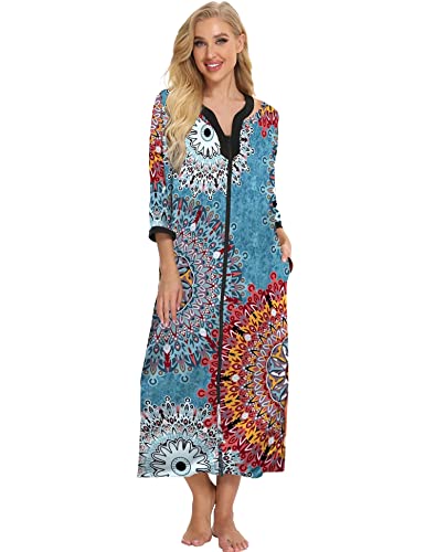Image of Bloggerlove House Dresses for Women Zip Up Robes Soft Cotton Nightgown Half Sleeve House Coat Long Night Gowns Sleepwear