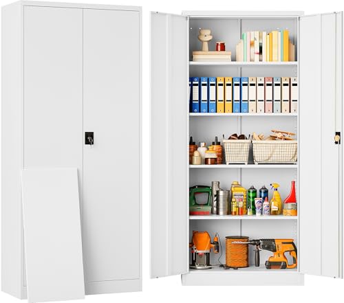 Image of SISESOL White Metal Storage Cabinet with Adjustable Shelves,71 inch Tall Metal Cabinet with Locking Doors,Steel Cabinet with Lock,Lockable Storage Cabinets for Home,Office,Kitchen,Laundry,Pantry