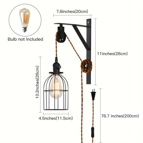 Image of Plug in Pendant Light, Farmhouse Pulley Wall Lamp with 7-Foot Brown Plug in Cord & Switch, Industrial Hanging Lamps that Plug into Wall Outlet