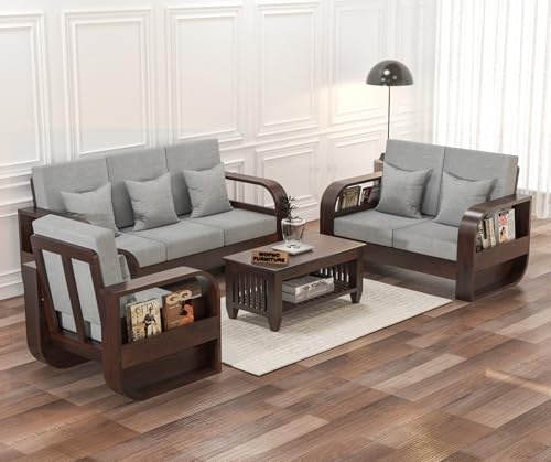 Image of Sheesham Wooden 6 Seater Sofa Set for Living Room | Solid Wood Sofa | Rosewood Sofa Set for Home & Office | Lounge (Walnut,Grey,3+2+1 Seater)