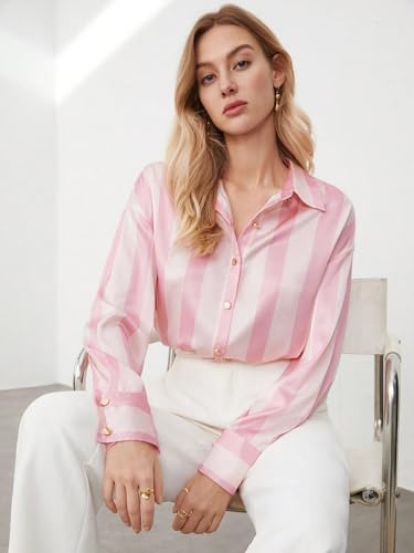 Image of IndoPrimo Women's Satin Shirt with Long Sleeves Western Style Spread Collar Neck Relaxed Fit Stripe Printed Pattern and Standard Length
