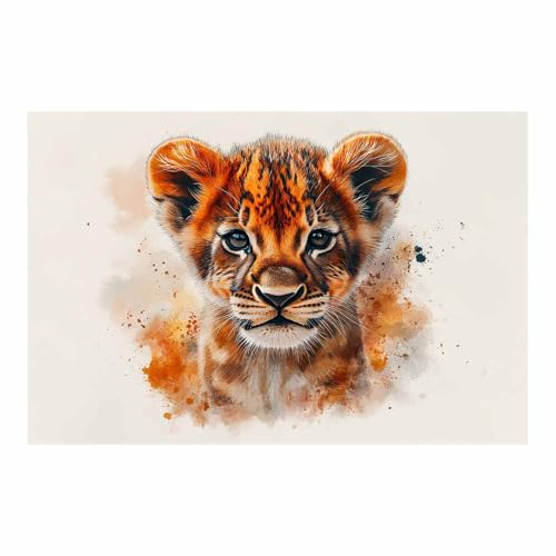 Lionceau aquarelle décoration murale salon et chambre adulte toile orange 70x100cm