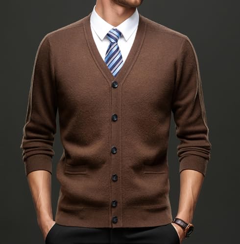 Autumn and Winter Men's 100% Wool V-Neck Button Cardigan Warm Sweater with Pockets2