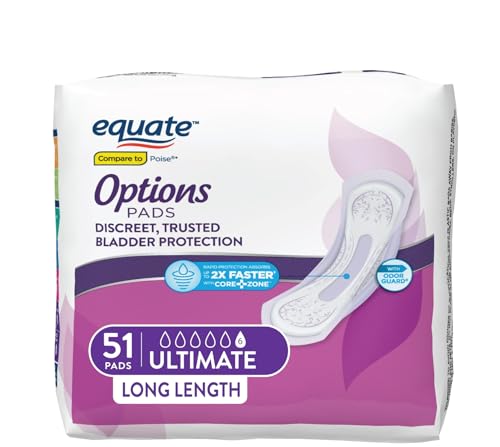 Equate Options Women’s Incontinence Pads, Ultimate Absorbency, Long Length Bladder Leak Protection, Odor Control, Breathable Comfort Fit, Secure Adhesive, 51 Count