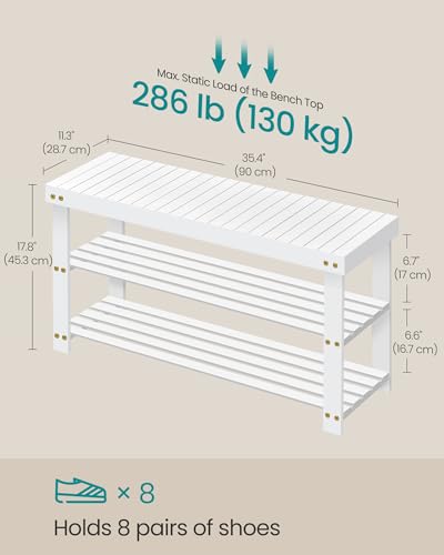 Image of SONGMICS Shoe Rack Bench, 3-Tier Bamboo Shoe Storage Organizer, Entryway Bench, Holds Up to 286 lb, 11.3 x 35.4 x 17.8 Inches, for Entryway Bathroom Bedroom, Cloud White ULBS090W01