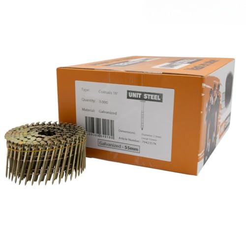 UnitSteel 15° Coilnägel - 2,3x55mm, 3.000 stück, Kleine Verpackung, Ringnägel für Druckluft-Nagler, Beringt/verzinkt, für fast alle Marken von Tackern