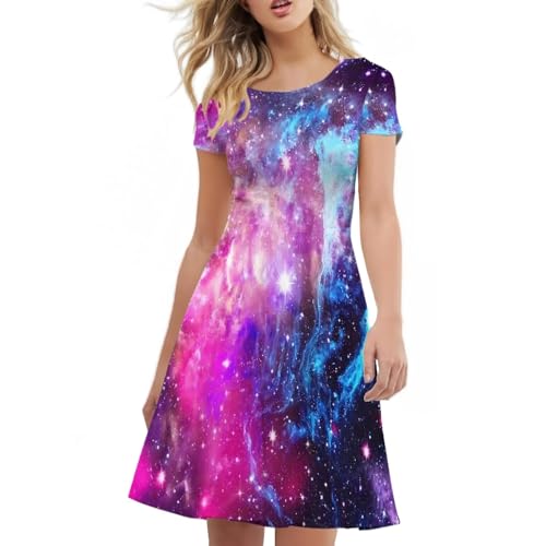 Image of Forchrinse Galaxy Purple Nebula Universal Dress for Women Novelty Galaxy Summer Dress Short Sleeve Sexy Dress Midi Tank Dress Elegant Flowy Swing Sundress,S-4XL, X-Large