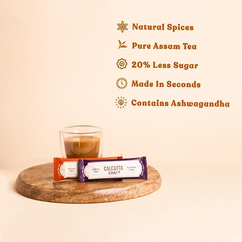 Image of Calcutta Chai Co - Masala Chai | Saffron Chai | Instant Tea Premixes | 30 Sachets | 420g | Pack of 2 | Made With Assam Tea | Added Natural Spices | Low Sugar