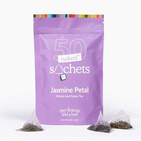 Two Leaves and a Bud Jasmine Green Tea, Whole Leaf Green Tea in Eco-Friendly Unwrapped Sachets, Resealable Bag, Dried with Jasmine Petals, 50 Sachets (Pack of 1) Cover