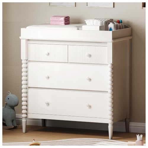 Image of JOINICE White Nursery Dresser with Changing Table, 4 Drawers for Storage | Jenny Lind Spindle Style Dresser and Removable Baby Changing Station Combo for Kids Bedroom, Anti-Tip Kit for Safety