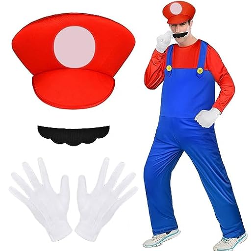 Aomig Disfraz Mario Bros, 4pcs Set de Accesorios Mario y Luigi Classic con Guantes, Bigote y Gorra Roja, para Halloween, Carnaval y Navidad, Cosplay de Hombre, Mujer, Adulto, Niños | Ya disponible en tu tienda friki favorita! En mundofriki.es!