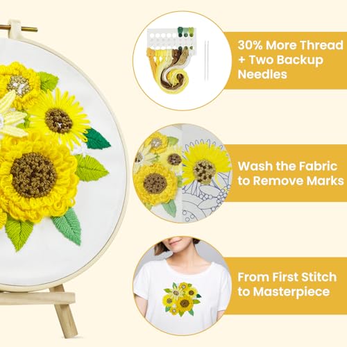 Image of HTVRONT 3D Sunflower Embroidery Kit for Beginners | Step-by-Step Video Tutorials, Simple 5 Stitches, Includes Multiple Accessories, for Adult Crafts