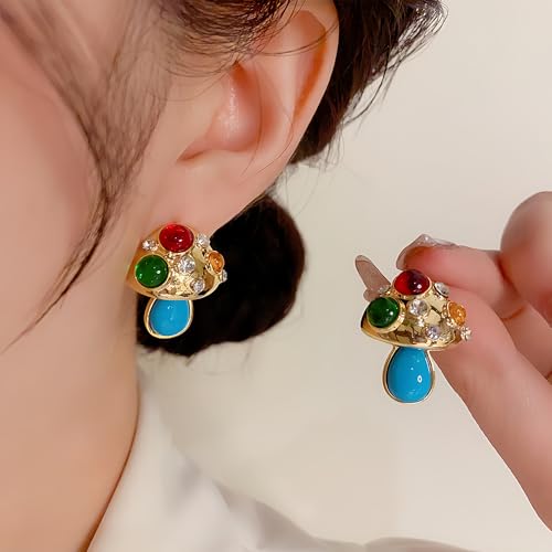 Gold Plated Rhinestone Resin Hypoallergenic Lightweight Retro Color Mushroom Earrings for Women Medieval Retro Ear studs2
