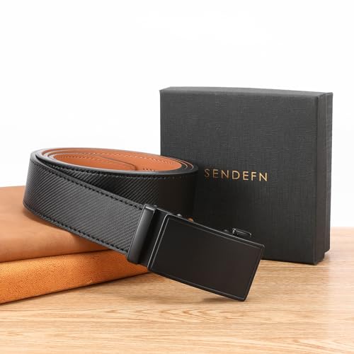 SENDEFN Men's Leather Belt Automatic Ratchet Buckle Slide Belt for Dress Casual Trim to Fit with Gift Box — view 4