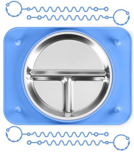 Image of Baby Silicone Mat with Stainless Steel Divided Plate – Non-Slip Suction Base & 4 Straps to Secure Baby Essentials, BPA-Free Self Feeding Placemat for Infants Toddlers High Chair & Dining Table