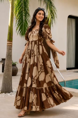 Image of Modestouze Attires Women's Floral Pattern Rayon Blend Maxi Dress with Sweetheart Neck Half Puff Sleeve Floor Length and Zipper Closure Type | Maxi Dress for Women Stylish | Dress for Women