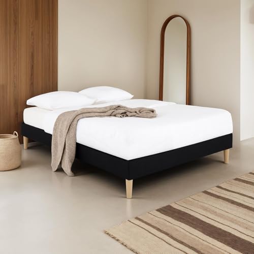 IDIMEX Sommier tapissier QUIMPER 140 x 190 cm Structure en Bois et revêtement en Tissu Noir, Cadre de lit avec Pieds et sommier à Lattes déhoussable pour 2...