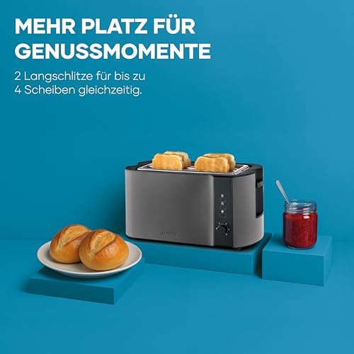 Severin Automatik-Langschlitztoaster, Toaster mit Brötchenaufsatz, hochwertiger Edelstahl Toaster mit großen Röstkammern und 1400 W Leistung, Auftau-Funktion, dark inox/schwarz, AT 9341 3