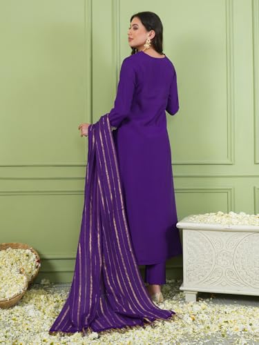 Image of Naixa Women's Viscose Silk Embroidered A-Line Kurta with Pant | Viscose Jacquard Stripes Dupatta Set | 3 /4 Sleeve | V-Neck | Festive