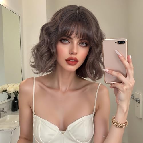 Stardrop Short Brown Curly Bob With Full Bangs Human Hair