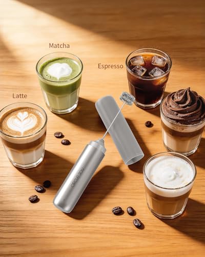 Image of CIRCLE JOY Rechargeable Milk Frother Hanheld, Dual Coil Whisk Head Electric Coffee Frother, Portable Hand Frother Wand Drink Mixer for Matcha Lattes Cappuccino, Kitchen Gifts, Silver