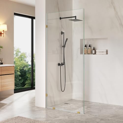 Image of DeerValley 36 inchx78 inch Frameless Shower Glass Panel, Brushed Gold | 3 /8'' Thick Tempered Glass, Stainless Steel Clamps, Reversible Installation, Easy to Clean