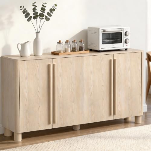 Image of 65 inch Sideboard Buffet Cabinets with Storage Set of 2 , Wood Grain Top Credenza with Adjustable Shelves, Curved Accent Cabinets with Round Legs for Dining Room, Living Room, Coffee Bar, Natural Wood