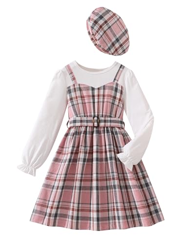 Hilinker Girls Plaid Ruffle Long Sleeve Dress Ribbed Belted