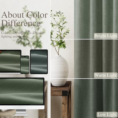 Image of Olive Green 100% Blackout Linen Curtains 63 Inch Length for Bedroom Back Tab Thermal Insulated Modern Farmhouse Decor Black Out Curtain for Living Room Dining Room Rod Pocket Drapes 52x63, 2 Panels