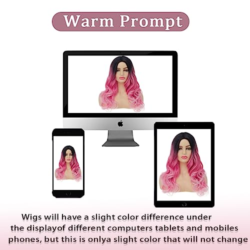 Image of Swiking Women Ombre Pink Long Curly Wig Dark Roots Wave Middle Part Synthetic Wigs for Halloween Cosplay Wig (Ombre Pink)