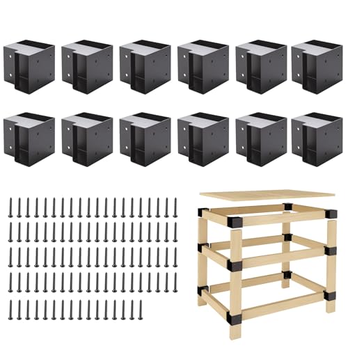 Heavy Duty Workbench Brackets Kit 12 PCS 3-Way Right Angle Corner Bracket for DIY 2x4 (Actual 1.5x3.5) Wood Steel Frame Building Plates for Workbench Table Shelving Garage Storage